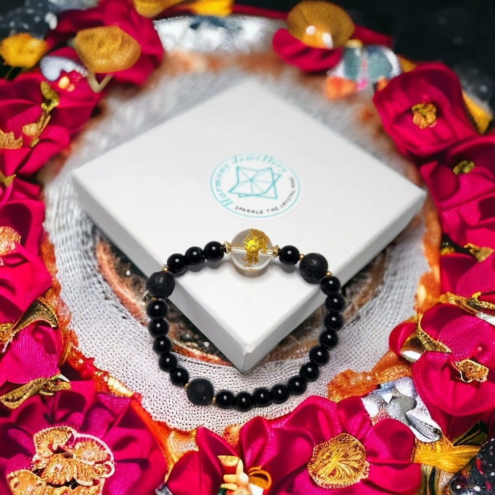 6 mm Black Obsidian, 8 mm Lava Stone and 12 mm Clear Quartz Dragon Bracelet
